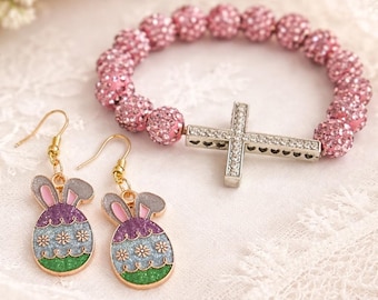 Conjunto de pendientes y pulsera con cruz de Pascua / Pulsera con cuentas brillantes / Accesorios de primavera - Varios colores disponibles