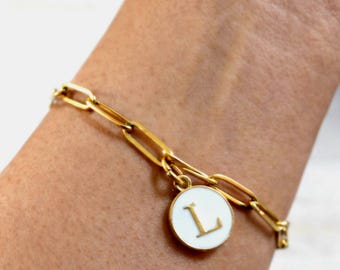Pulsera con inicial personalizada • Pulsera de clip de papel de acero inoxidable dorado • Pulsera con dije de letra de doble cara • Joyería minimalista con inicial •