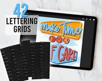 42 Procreate Lettering Grid, Procreate Grid Brushes, Grid Template, Lettering Guide, Brush Template, Digital Brushes, Procreate Stamp Brush