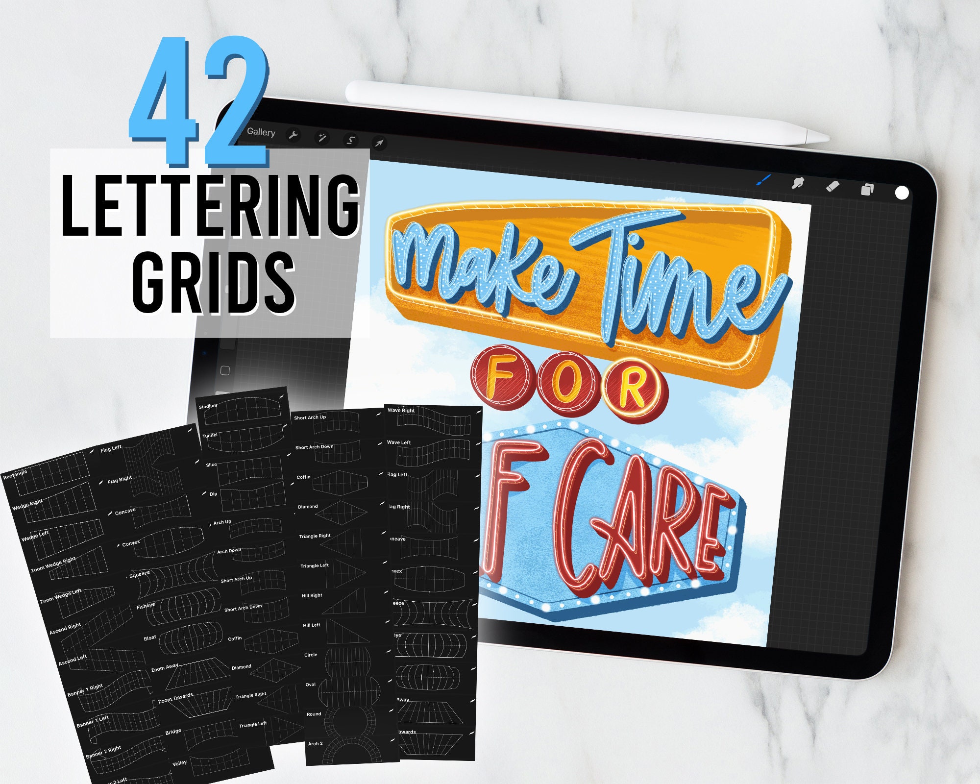 42 pinceles de cuadrícula para lettering en Procreate — Guías de letras, plantillas de sello y rejillas de caligrafía