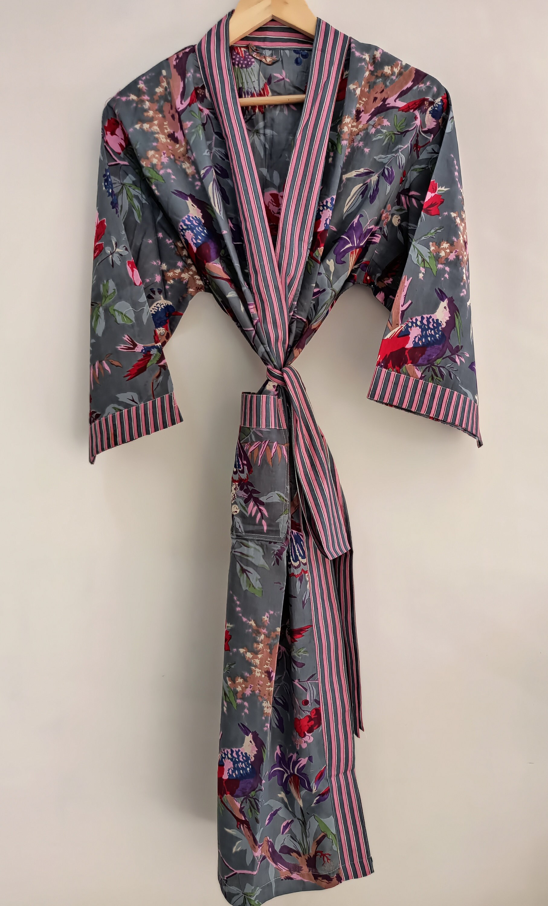 Long Cotton Kimono Handmade Bird print Cover up Bath Etsy