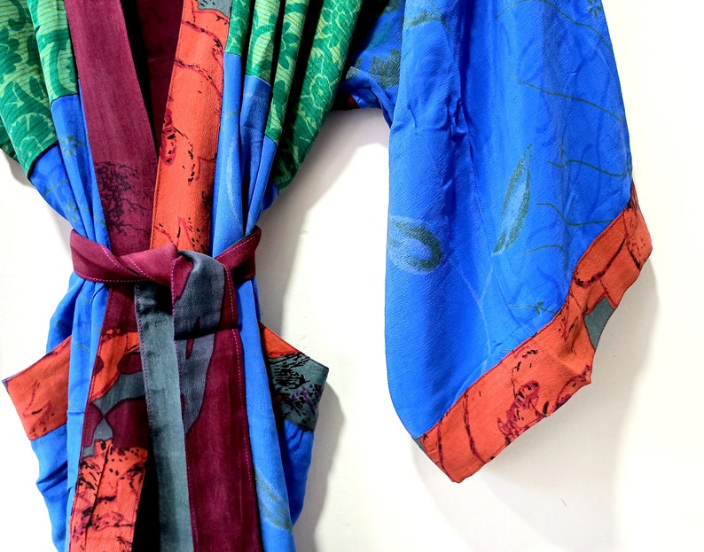 Recycled Crepe Silk Tie Dye Sari Boho Kimonos Regal House Robe Purple Green Aqua Embroidered Spring Summer Artistic Duster Beach Coverup