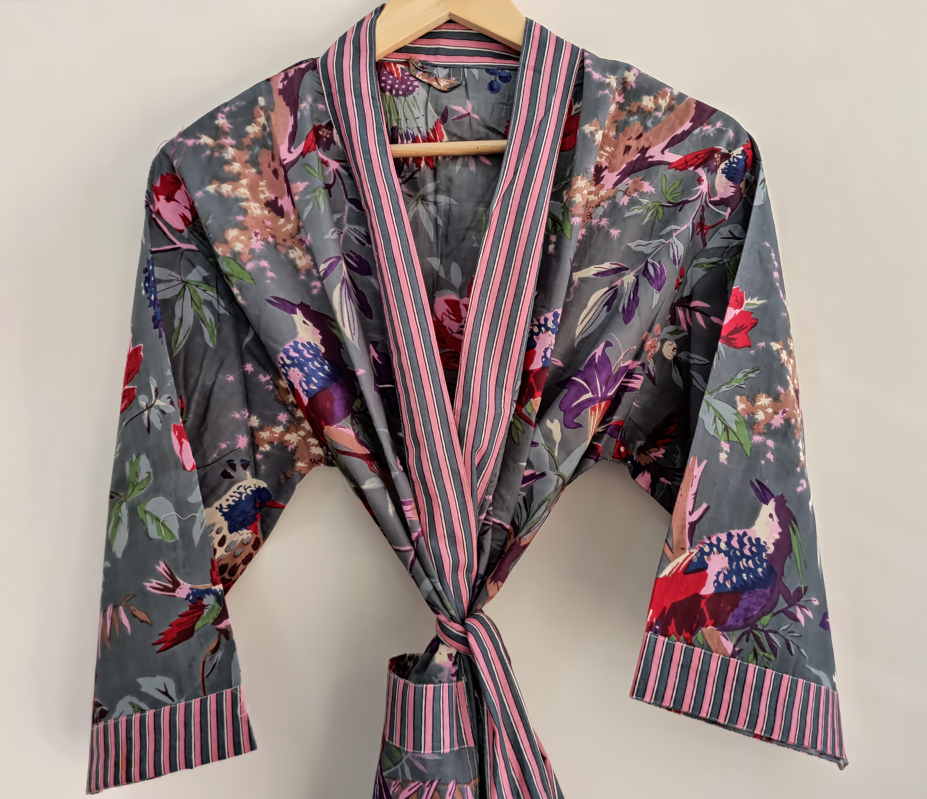 Long Cotton Kimono Handmade Bird print Cover up Bath Etsy