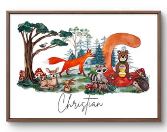 森の動物たちの水彩画プリント（名入れ可能）：子供部屋の名前入りアート（A4/A3サイズ）