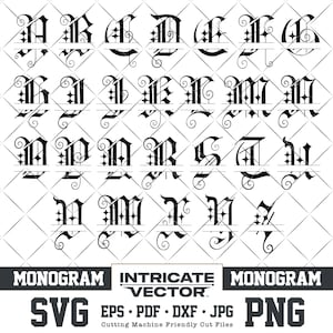 May include: A black and white gothic-style monogram alphabet, each letter divided by a horizontal line. The image includes the words "MONOGRAM", "SVG", "EPS", "PDF", "DXF", "JPG", and "PNG". The background has a diamond pattern.