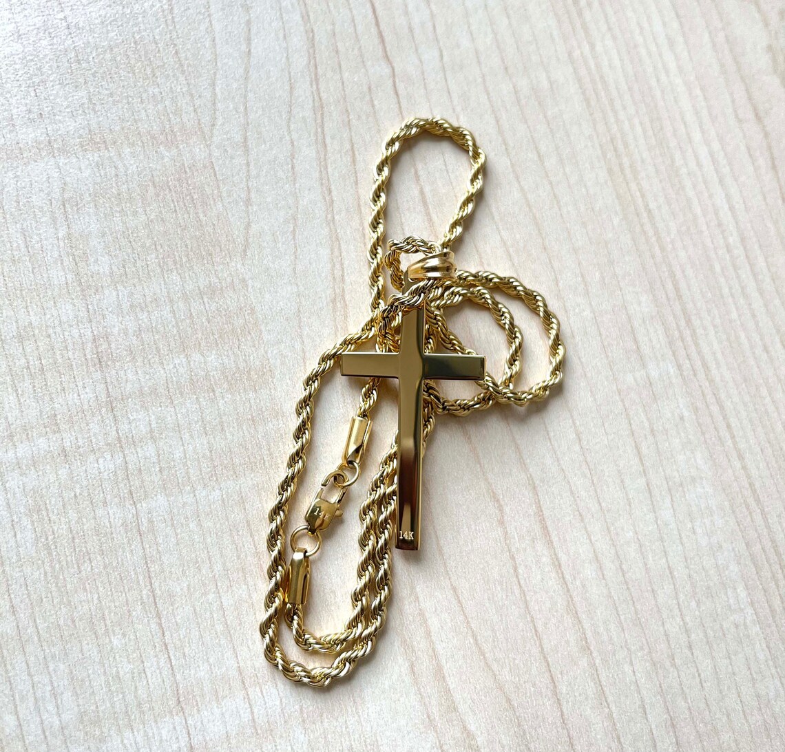 24K Gold Rope Chain Cross Pendant Necklace Bevel Edge Cross Etsy