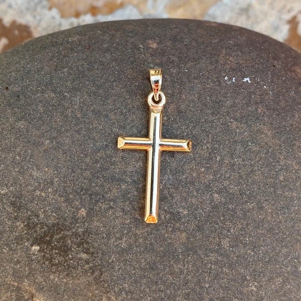 18K Gold Cross Pendant for Men Women Fathers Husband NEW Small Lightweight Shiny Plain Bail perfect gift Thanksgiving Christmas Anniversary