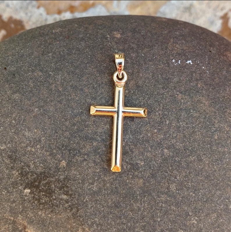 18K Gold Cross Pendant for Men Women Fathers Husband NEW Small Lightweight Shiny Plain Bail perfect gift Thanksgiving Christmas Anniversary image 1