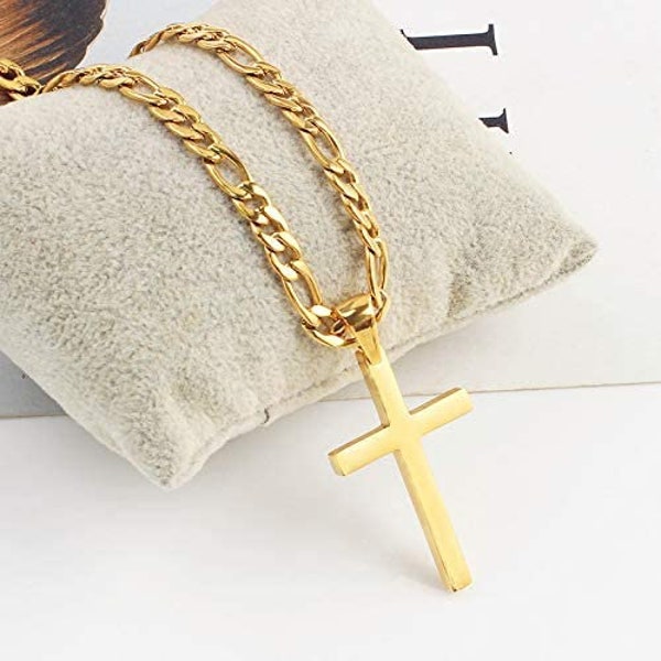 18K Gold Figaro link Chain Cross Pendant Necklace with Solid Strong Clasp for Men,Women, Teens  Thin Charms Miami Cuban Link Diamond Cut