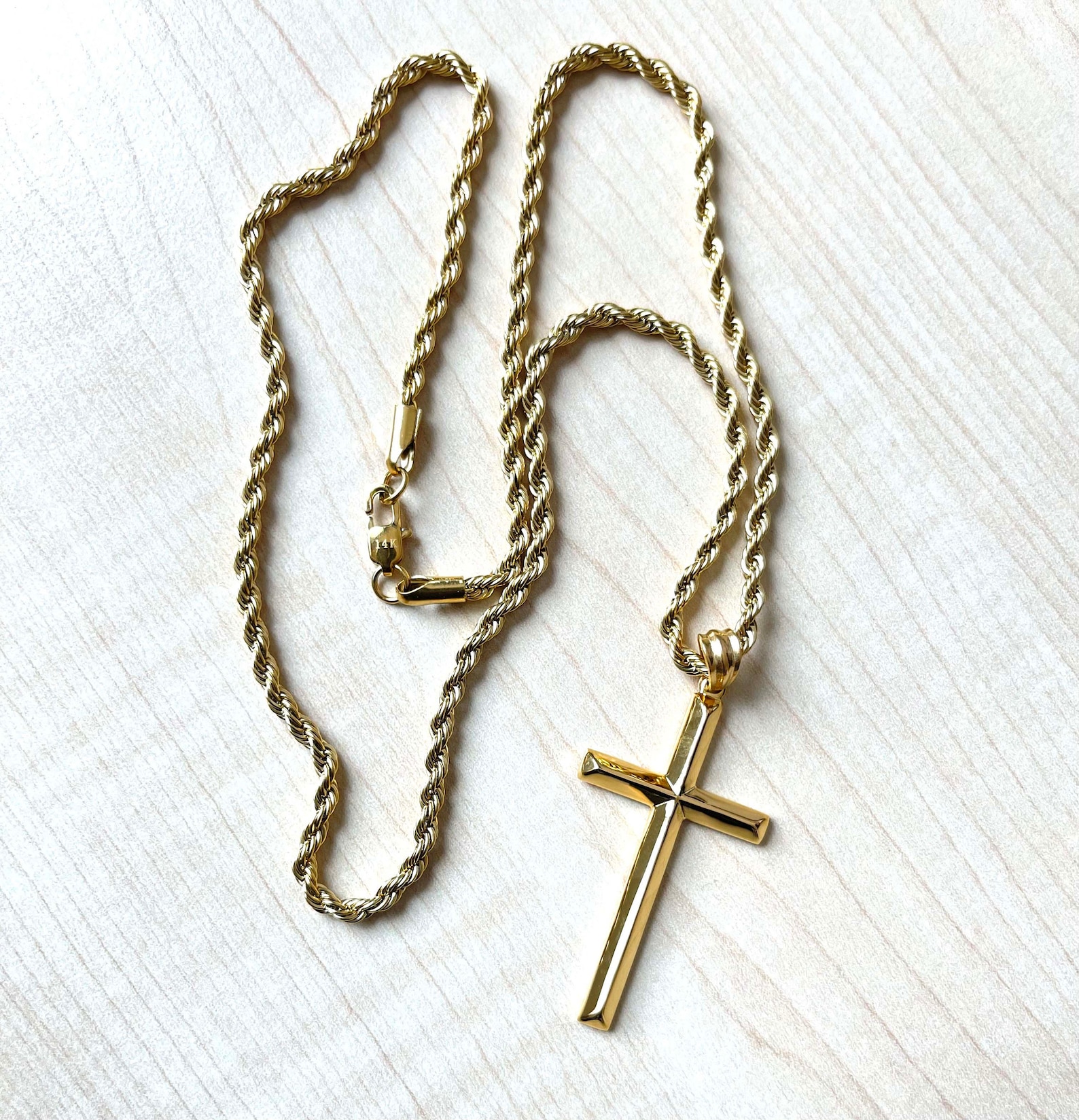 14K Gold Rope Chain Cross Pendant Necklace With Bevel Edge Etsy