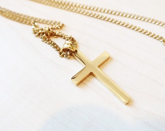 24K Gold  Flat cross for Men Women Boys Teens Fathers Husband perfect gift with 3mm cuban link chain