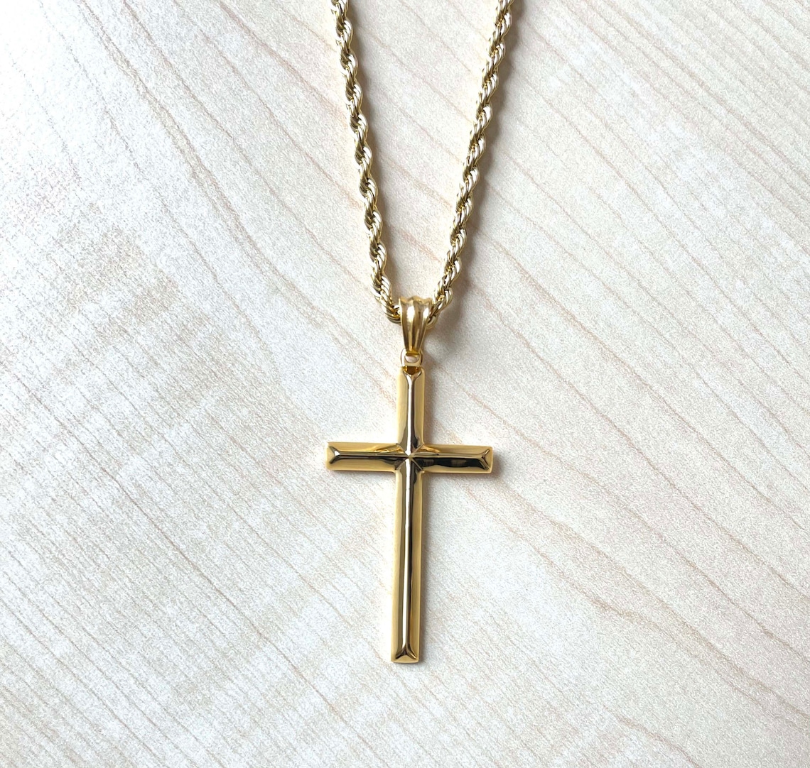 24K Gold Rope Chain Cross Pendant Necklace Bevel Edge Cross Etsy