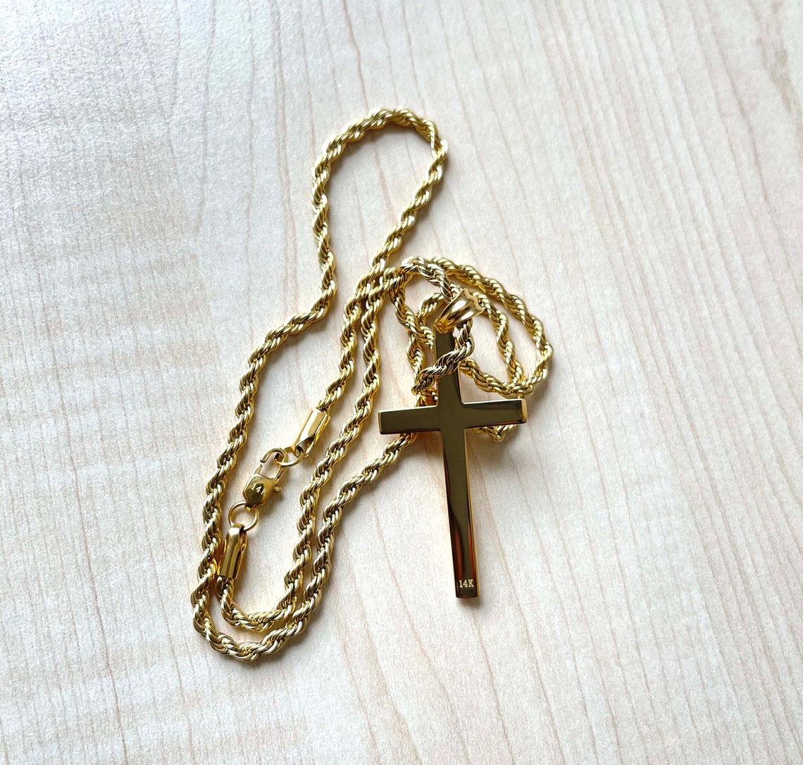 24K Gold Rope Chain Cross Pendant Necklace With Bevel Edge Etsy