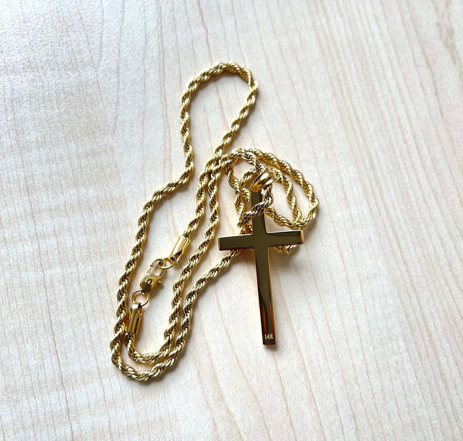 14K Gold Rope Chain Cross Pendant Necklace With Bevel Edge Etsy