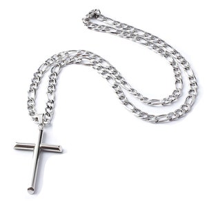 14K White Gold Figaro Cross for Men Women w/ real solid Strong Clasp 14ct Perfect Necklace Gift for Husband or Wife. Diamond-Cut USA made