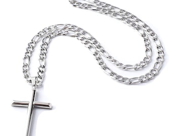 14K White Gold Figaro Cross for Men Women w/ real solid Strong Clasp 14ct Perfect Necklace Gift for Husband or Wife. Diamond-Cut USA made