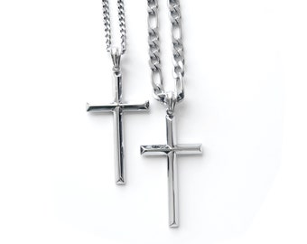 14K White Gold Cross Pendant Necklace 4mm Figaro Cuban link Chain  w Bevel Edges for Men Husband His Gift Thanksgiving Christmas Religious