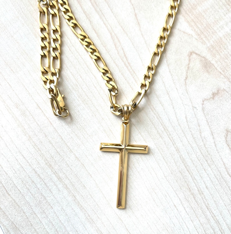 24K Gold Cross Figaro Chain for Men Boys Fathers Husband perfect gift with 4MM Gold Filled cuban chain Thanksgiving Christmas Anniversary image 2
