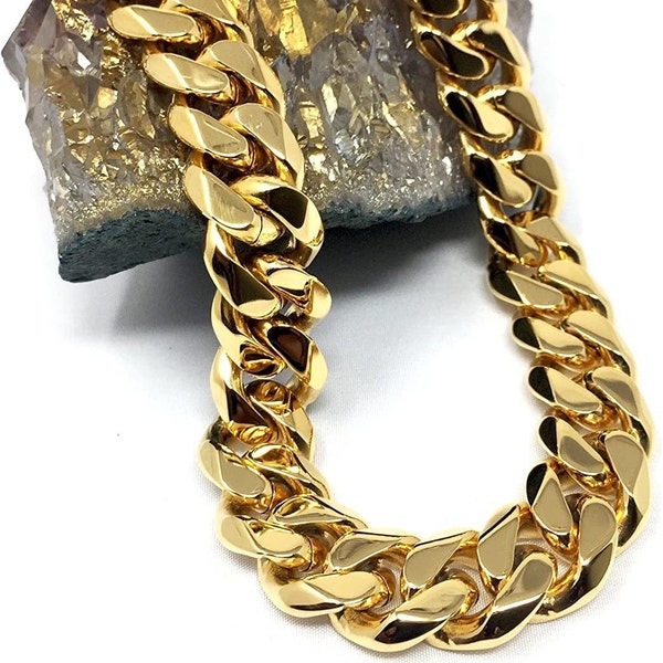 14MM 24K Cuban link chain necklace for men and women Hip hop Miami cuban link Fashion Jewelry Diamond Cut Heavy