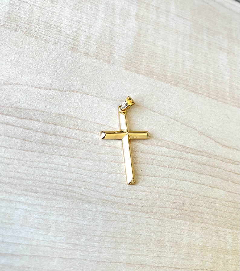 18K Gold Cross Pendant for Men Women Fathers Husband NEW Small Lightweight Shiny Plain Bail perfect gift Thanksgiving Christmas Anniversary image 3