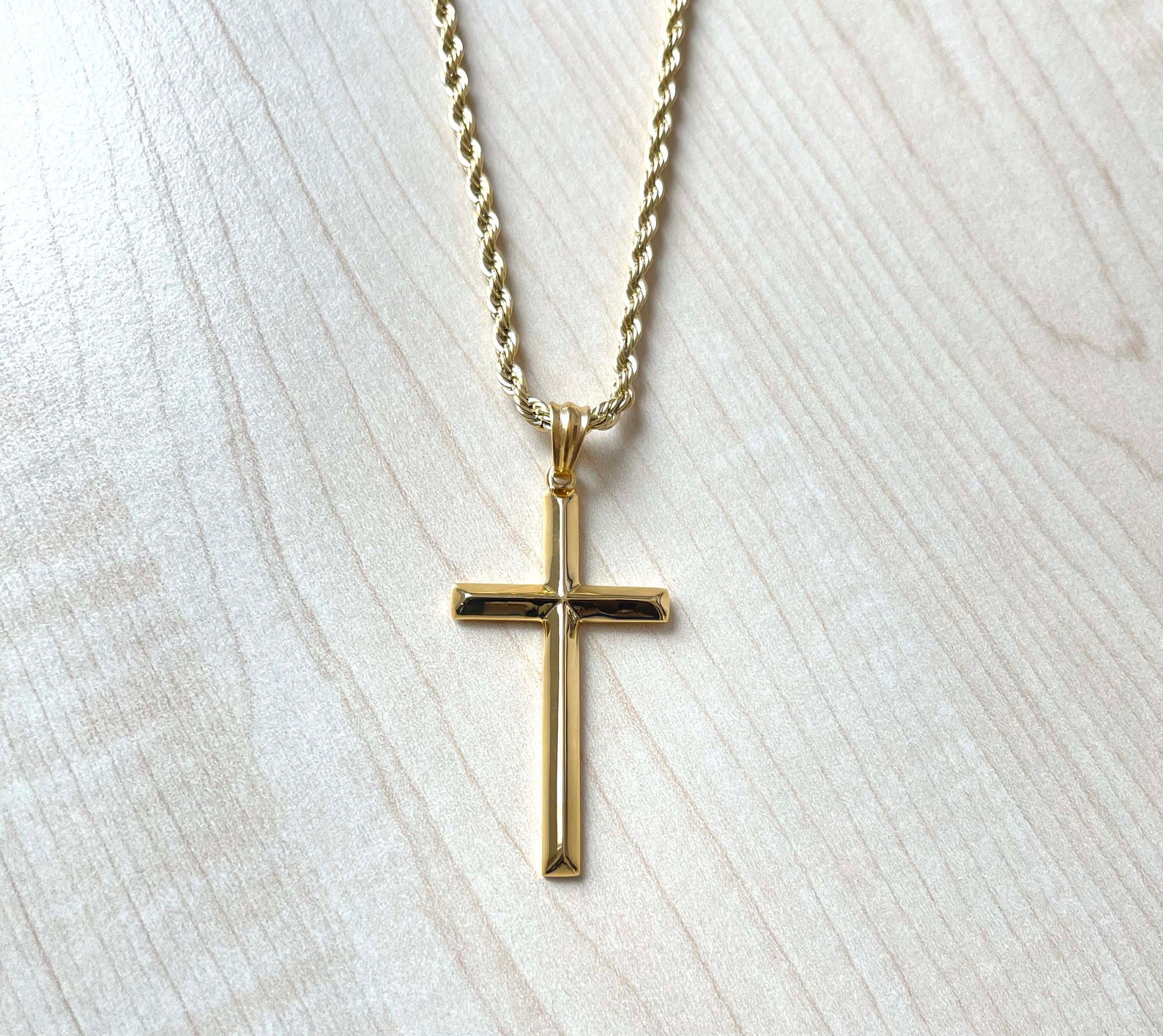 14K Gold Rope Chain Cross Pendant Necklace With Bevel Edge Etsy