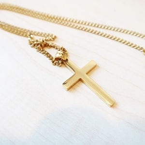 18K Gold  Flat cross for Men Women Boys Girls Fathers Husband perfect gift with 3mm cuban link chain