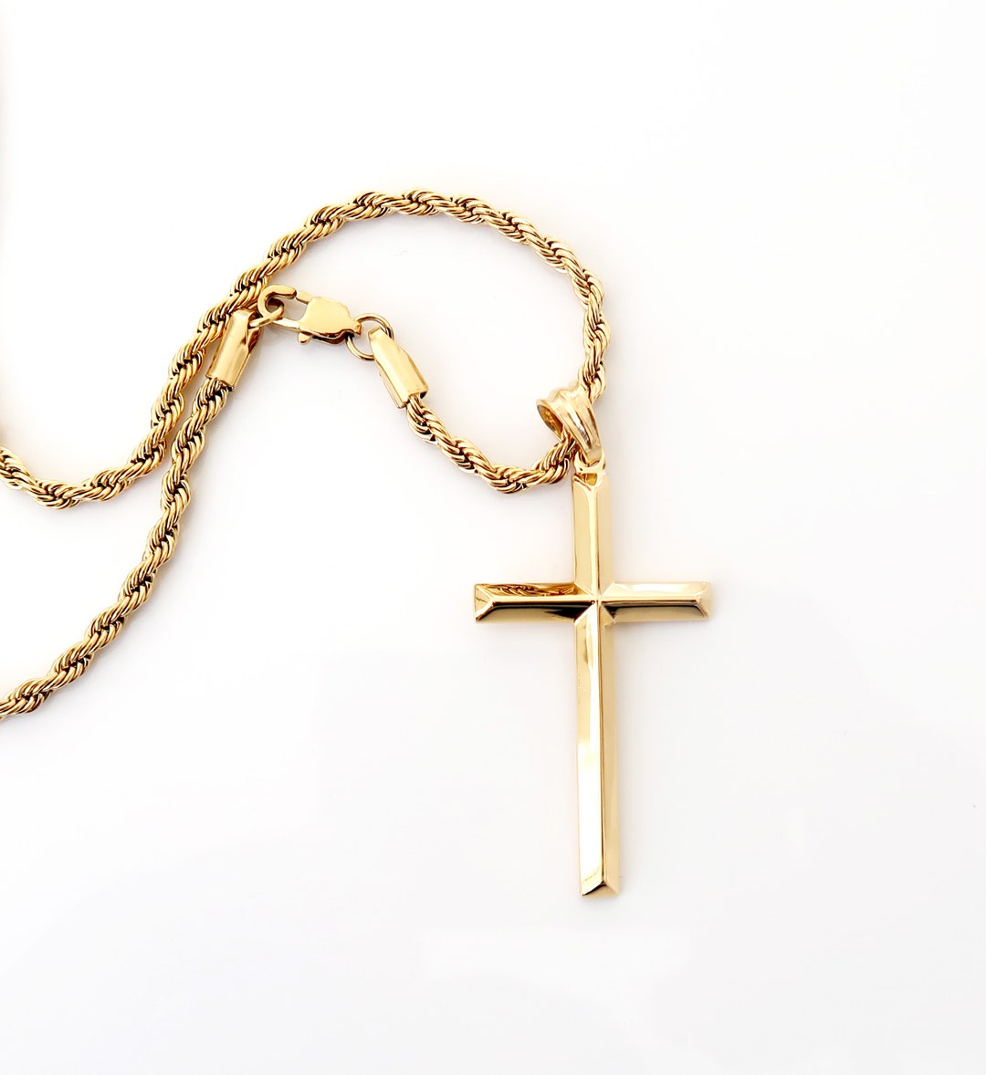 14K Gold Rope Chain Cross Pendant Necklace With Bevel Edge Cross for