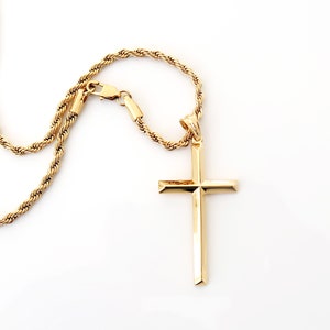 14K Gold Rope Chain Cross Pendant Necklace with Bevel Edge Cross for MEN HUSBAND Boys Father Perfect gift for him Anniversary Christmas