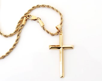 24K Gold Rope Chain Cross Pendant Necklace  Bevel Edge Cross Gift for MEN HUSBAND FIANCE Father Perfect gift for him Anniversary Christmas