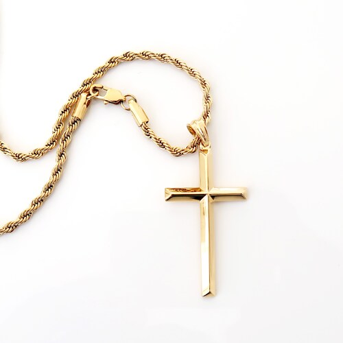 Men's Gold Cross Necklace 14k Gold Filled Rope Chain - Etsy