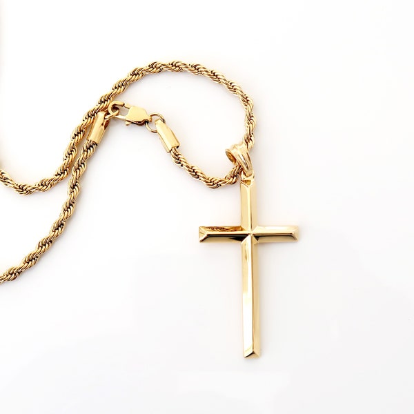 24K Oro Corda Catena Croce Pendente Collana con Barra Smussata Croce per UOMINI MARITO Ragazzi Padre Regalo perfetto per lui Anniversario Natale