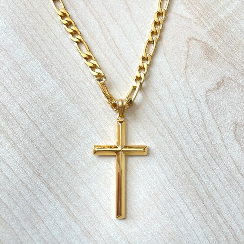 24K Gold Cross Figaro Chain for Men 