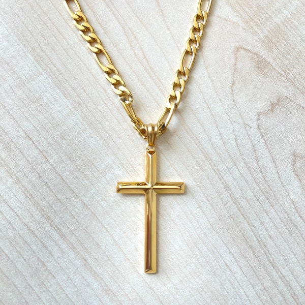 24K Gold Cross Figaro Chain for Men Boys Fathers Husband perfect gift with 4MM Gold Filled cuban chain Thanksgiving Christmas Anniversary