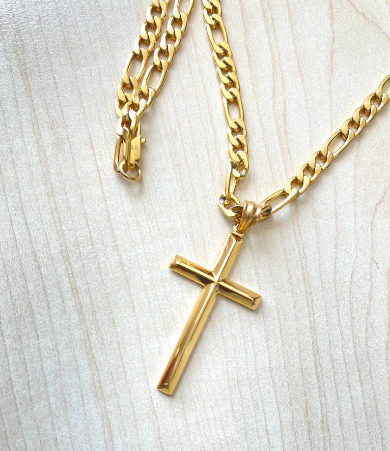 24K Gold Cross Figaro Chain for Men Boys Fathers Husband perfect gift with 4MM Gold Filled cuban chain Thanksgiving Christmas Anniversary image 3