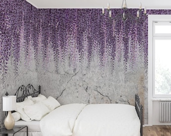 Wisteria Peel and Stick Wallpaper, Purple Floral Wall Mural, Removable Flower Wallpaper, Botanical Bedroom Decor, Custom Size