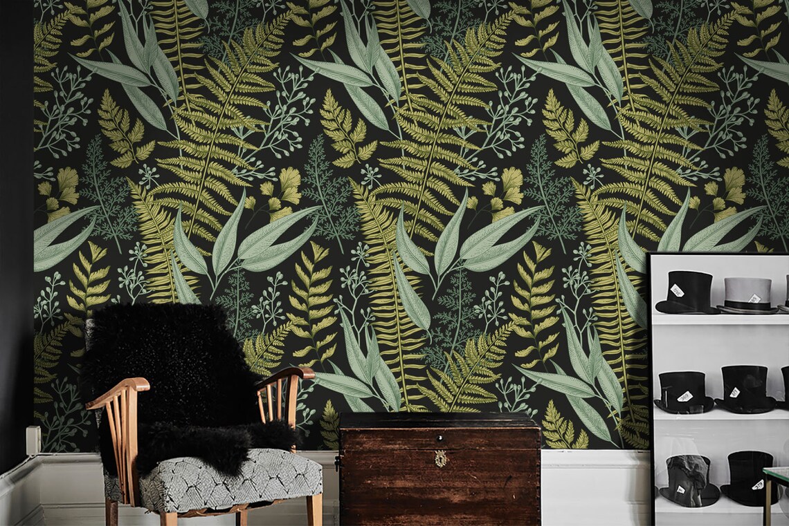 Botanical Greenery Peel and Stick Wallpaper Dark Fern Leaves | Etsy