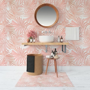 Pink Palm Leaves Peel and Stick Wallpaper Wall Decor, Blush Pink Leaf Art Print Wall Mural, Removable Wallpaper, Wall Paper, Mural Wallpaper