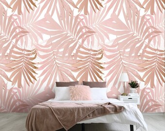 Pink Palm Leaves Peel and Stick Wallpaper, Blush Pink Leaf Art Print Wall Mural