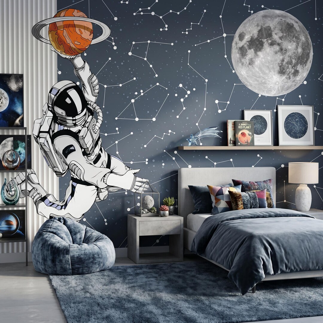 Astronaut Basketball Space Wall Mural for Kids & Teens, Peel and Stick ...