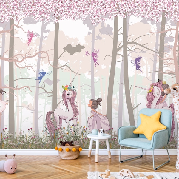 Fairies, Princesses and Unicorns in the Magical Forest Wall Mural. Wallpaper for a Children's room, Decor for a Girl's Room