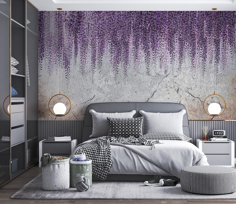 Wisteria Hanging Purple Flowers Wallpaper Mural Bedroom Wall Etsy