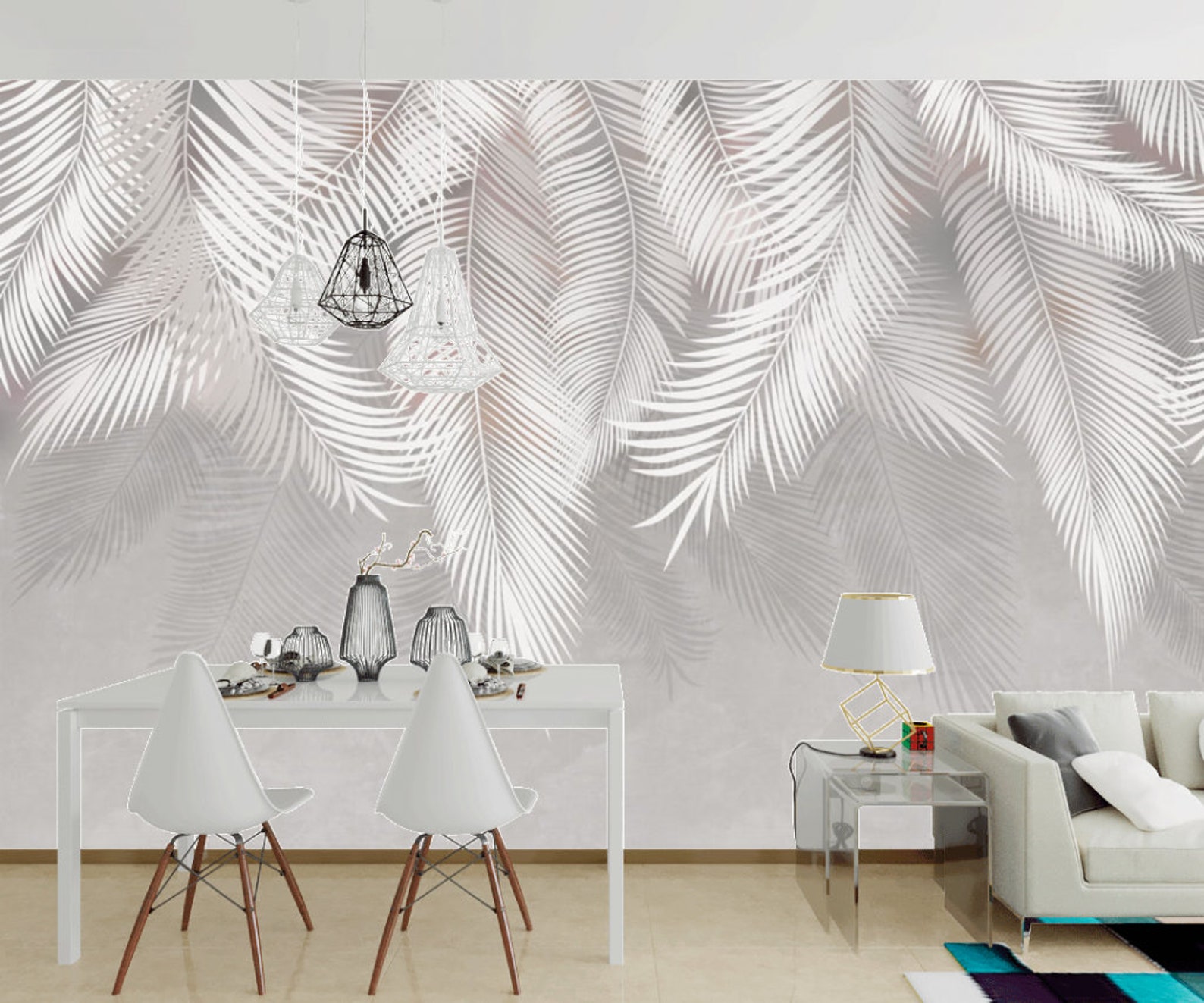 Gray Tropical Leaves Wallpaper Fern Leaf Custom Size Wall Etsy