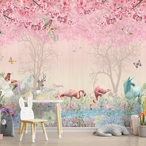 Fairy Forest Flamingo and Unicorn Peel and Stick Wallpaper for Kids, Pink Wallpaper for Kids Room, Nursery Wallpaper, Kids Room Decor