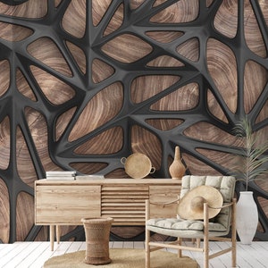 3D Black Lattice Tiles on Precious Wood Peel and Stick Wallpaper Mural, 3D Geometric Wallpaper, Living Room Design Wallpaper, Wall decor