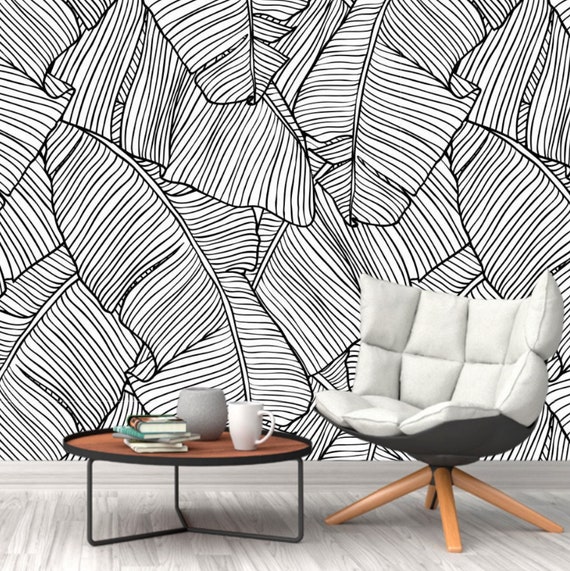 Black and White Banana Leaf Wallpaper Big Banana Leaves Wall Etsy