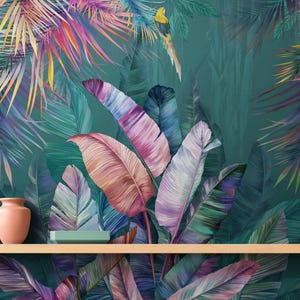 Peel and Stick Wallpaper Mural Colorful Tropical Leaves Wall Decor Removable Wallpaper Vintage Wallpaper Botanical Wall Art Wall Paper
