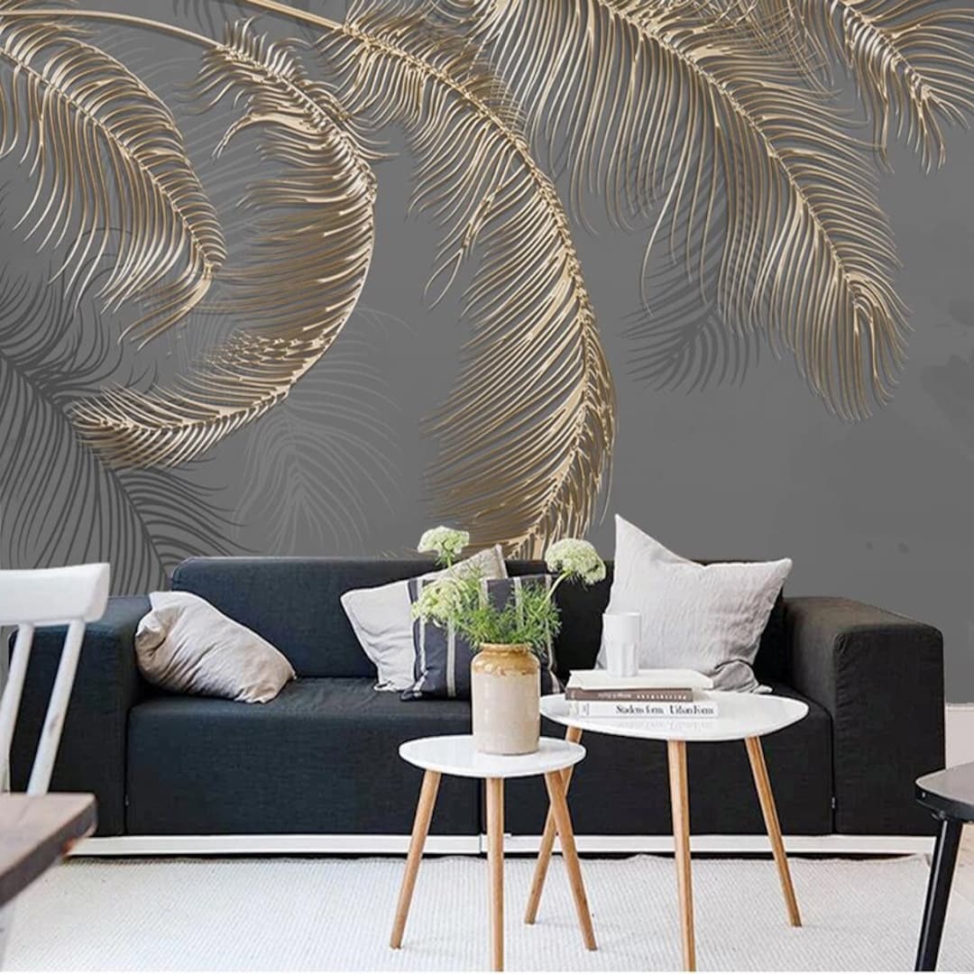 Gold Palm Leaves on Black Background Removable Wallpaper Gold Etsy