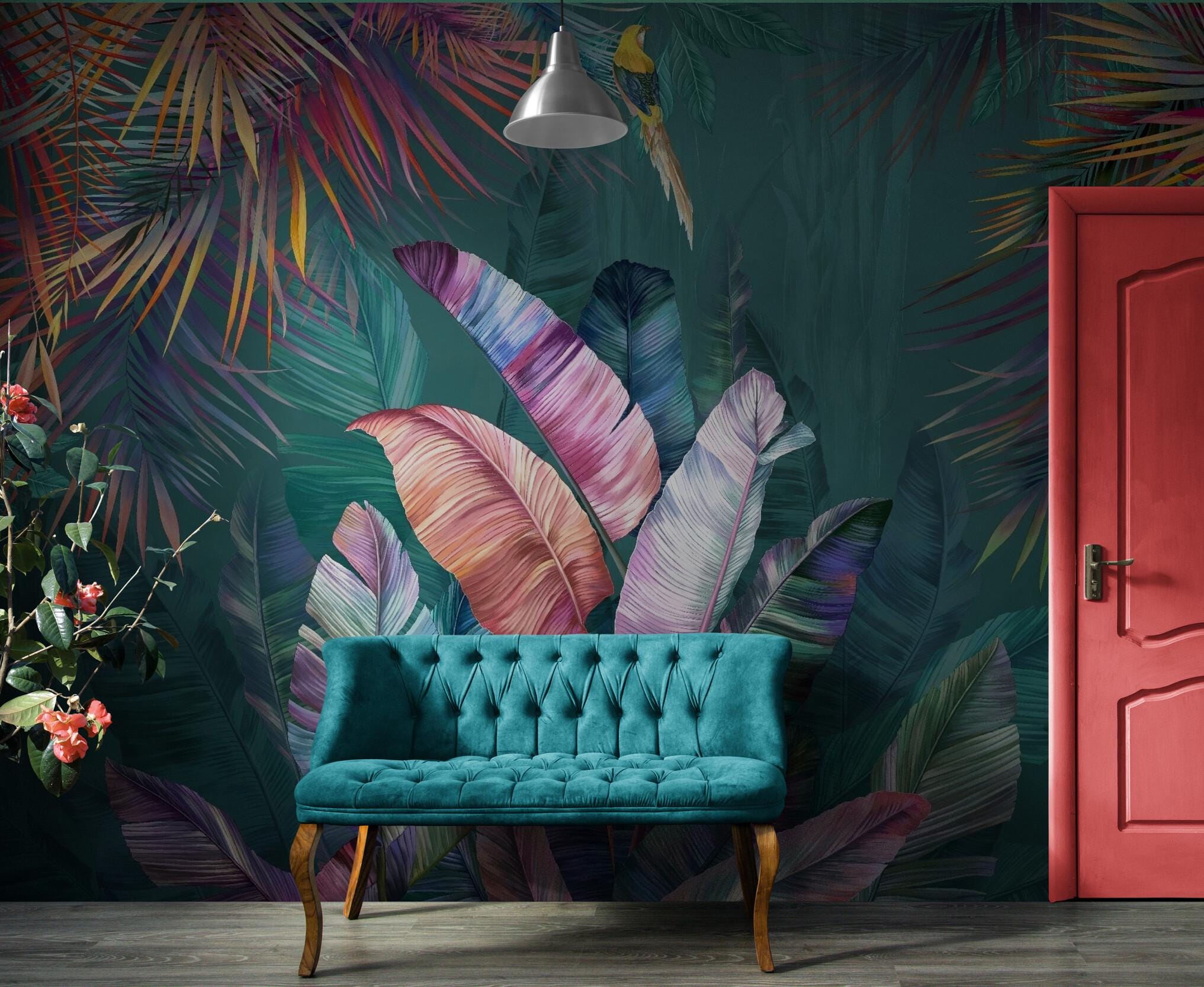 Peel and Stick Wallpaper Mural Colorful Tropical Leaves Wall Decor ...
