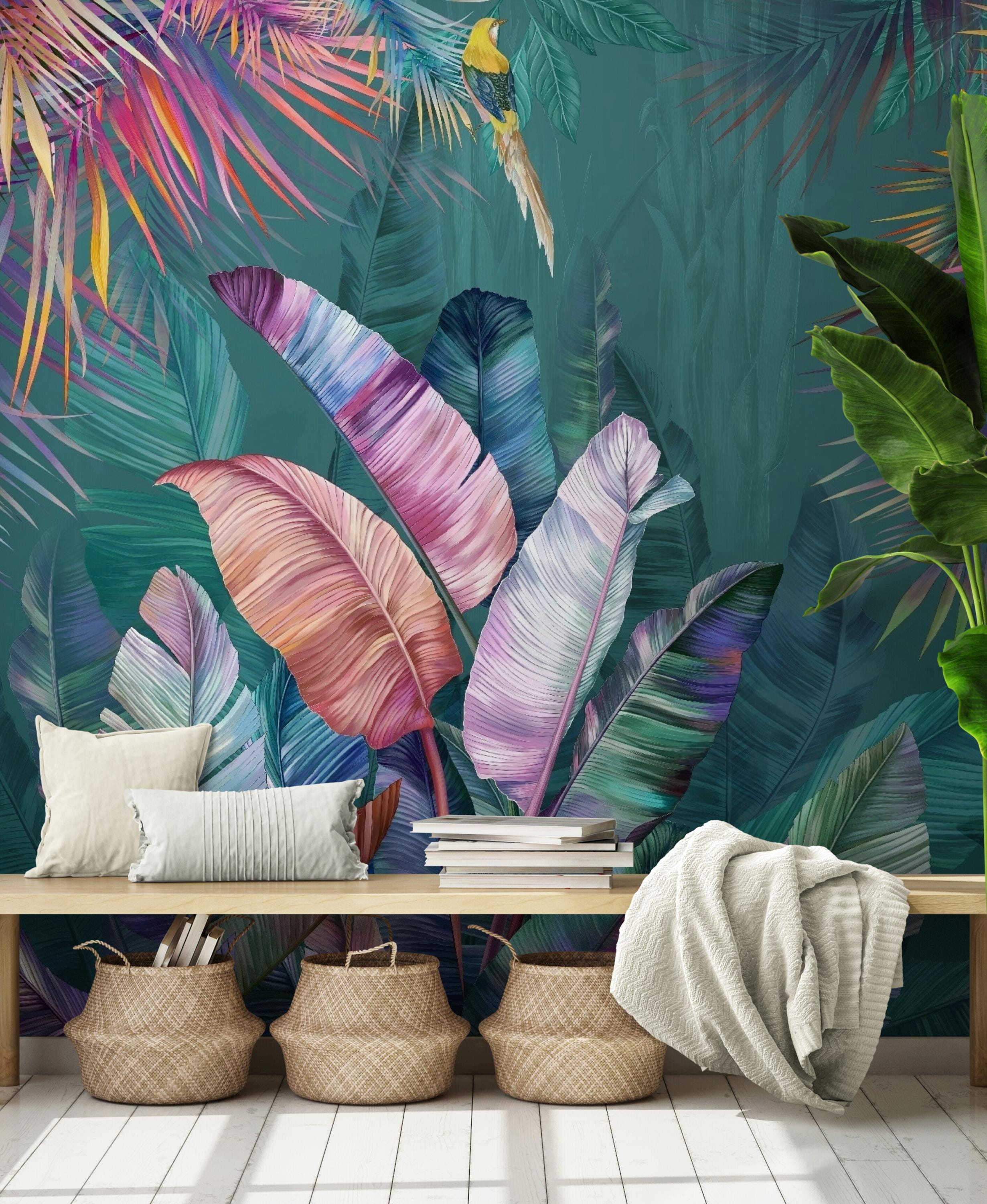 Peel and Stick Wallpaper Mural Colorful Tropical Leaves Wall Decor ...