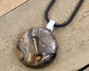 Brown and Black Round Jasper Pendant on Black Chain Necklace